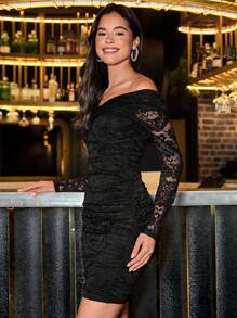 SHEIN Clasi 女士黑色蕾丝露肩长袖修身优雅连衣裙，适合新年派对 - 黑色 - 查看 3