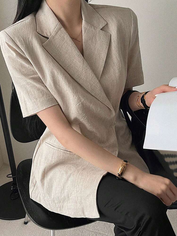 Women Solid Color Turndown Collar Short Sleeve Blazer, Camel, Business Casual For Spring & Summer Work Women Clothes Linen
