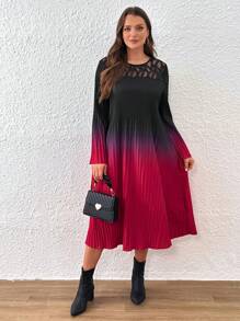 SHEIN LUNE Đầm xòe xếp ly cổ tròn tay dài Ombre cỡ lớn cho nữ - màu đen - Xem 1