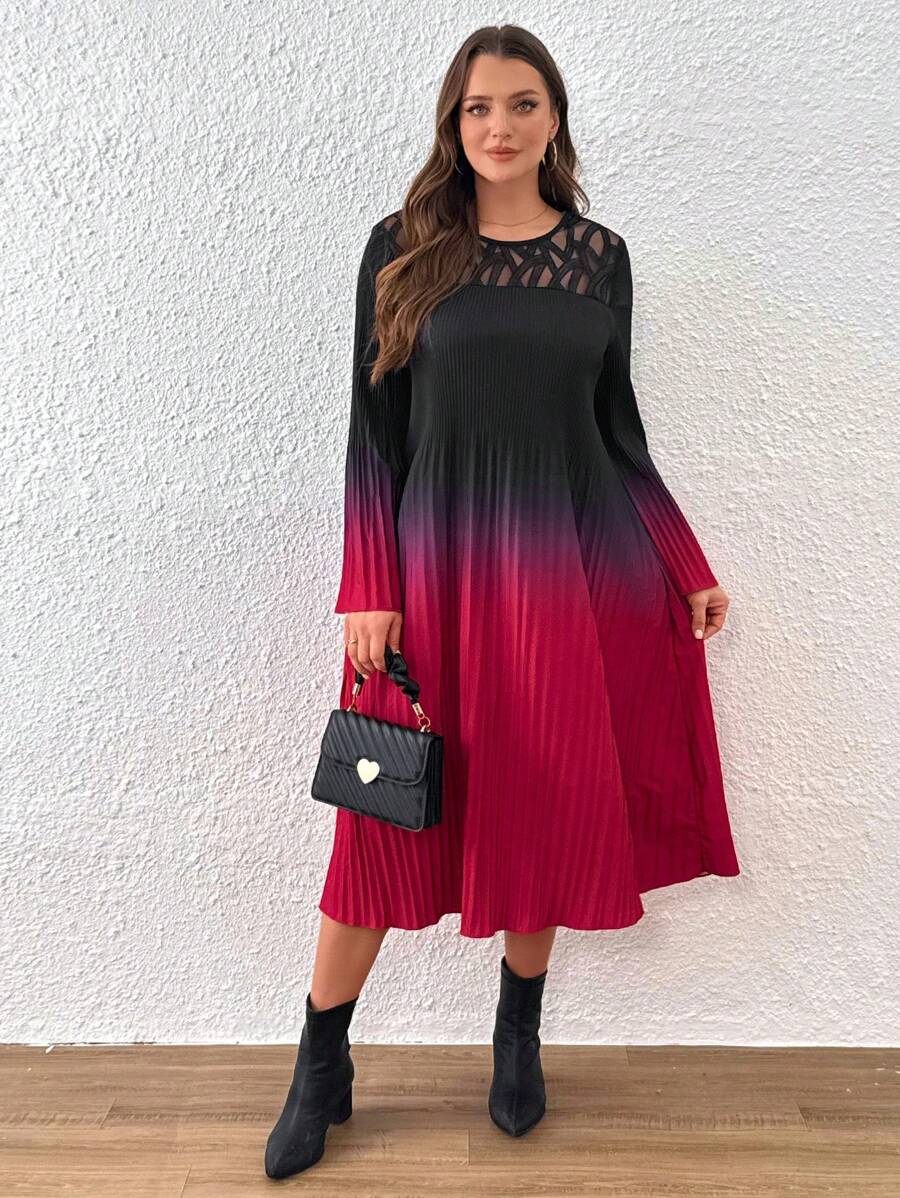 SHEIN LUNE Đầm xòe xếp ly cổ tròn tay dài Ombre cỡ lớn cho nữ - màu đen - Xem 1