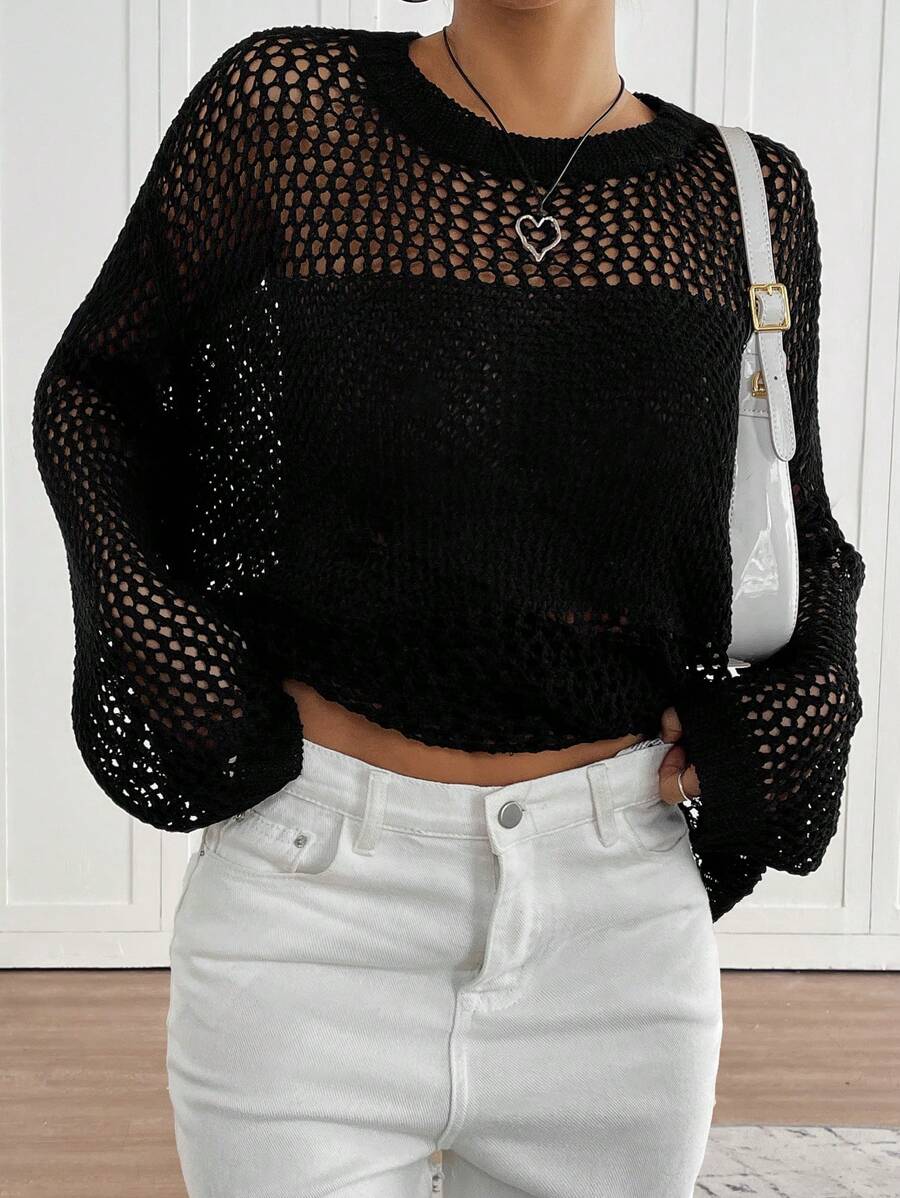 Chiquease Retro Elegant Round Neck Hollow-Out Sheer Design Loose Versatile Long Sleeve Knit Cardigan Sweater For Women Knit Pullover Fall Winter Sweater - Black - View 1