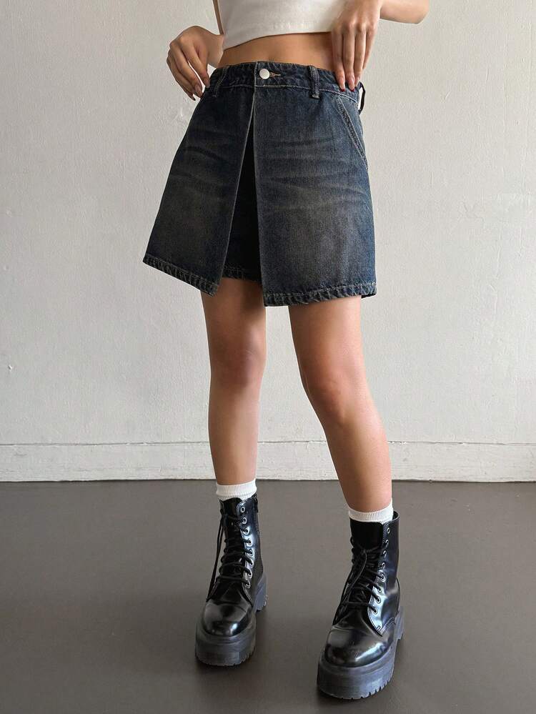 Women's Asymmetric Hem Casual Denim Skort With Pockets Jorts
