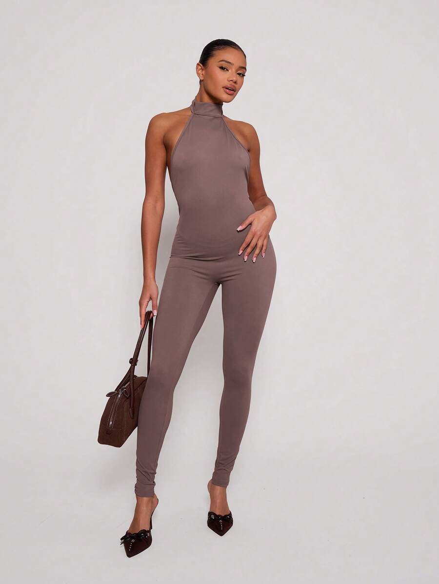 MUSERA High Neck Backless Unitard Sexy Club Spring Summer Vacation Elegant Date Night Cool Girl - Mocha Brown - View 1