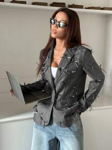 SHEIN EZwear Women's Elegant Bow Decor Casual Blazer Jacket, Long Sleeve, Autumn - Grey - View 4
