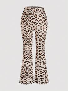 Flirla Plus Size Women Leopard Print Long Sleeve Zip-Up Hooded Jacket And Flared Pants 2 Pieces Set