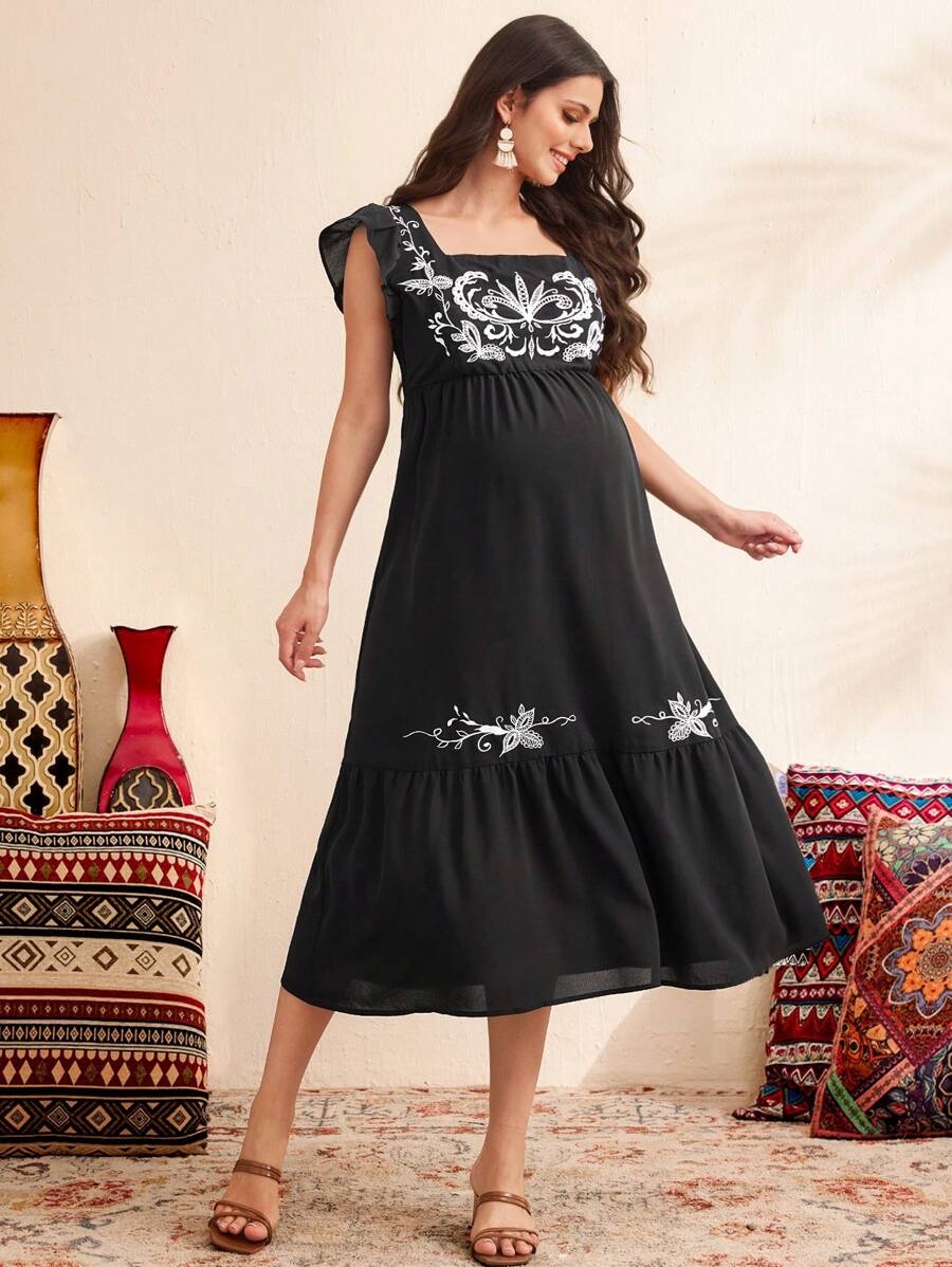SHEIN Maternity Floral Embroidered Ruffle Trim Dress - Black - View 1