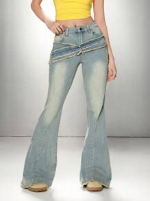 SHEIN EZwear Women Sexy Low Waist Skinny Stretch Flared Jeans, Blue - Dark Wash - View 5