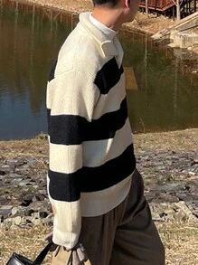 DAZY Men's Casual Contrast Color Stripe Knit Sweater, Autumn/Winter - Black and White - View 6