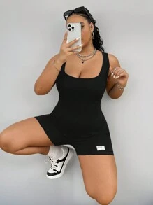 SHEIN EZwear 女裝大碼字母印花連身褲 - 黑色 - 查看 4