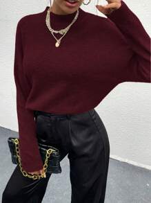 SoleilVie 女士宽松休闲纯色蝙蝠袖针织套头衫秋冬毛衣 - 酒紅色 - 查看 6