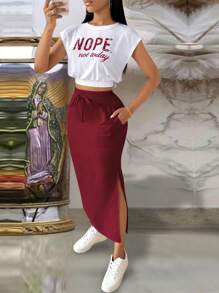 EMERY ROSE 2 件套女士休闲套装：字母印花短款圆领上衣和腰带长款酒红色裙子 - 酒紅色 - 查看 5