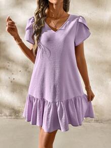 SHEIN Clasi Váy ngắn tay bèo nhún họa tiết hoa cổ chữ V màu tím thanh lịch dành cho nữ, mùa xuân/hè - Màu tím - Xem 4