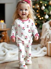 SHEIN Young Girl Cozy Floral Print Pink Tight Fit Soft & Comfortable Long Sleeve Top And Pants Homewear Outfit, Suitable For Autumn/Winter - Multicolor - View 1
