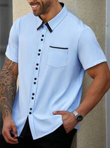 Manfinity Homme Plus Size Men's Colorblock Short Sleeve Single-Breasted Pocket Casual Shirt - Blue - View 6