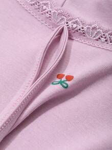 DAZY Cherry Print Lace Trim Fitted Pajama Set - Pink - View 9