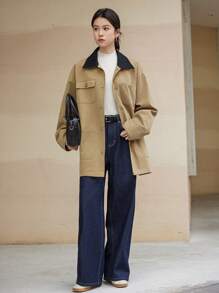 Dazy-Less Contrast Color Block Loose Minimalist Big Pocket Utility Style Regular Fit Women Trench Coat,Fall Clothes Women Jacket - Khaki - View 2