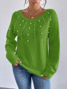 SHEIN Unity Women Casual Beaded Raglan Sleeve Sweater, Autumn/Winter Knit Pullover Fall Sweater - Green - View 6