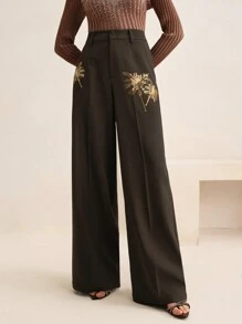 Anewsta Straight Leg Gold Palm Tree Beaded High Waisted Suit Pants, New Year's Women - Coffee Brown - View 5