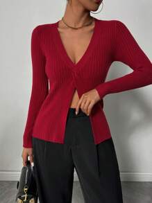 Chiquease Women's Regular V-Neck Casual Twist Rib Burgundy Split Ribbed Fitted Autumn/Winter Knit Sweater Knit Pullover Fall - Red - View 5
