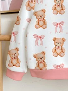 SHEIN Cute Cartoon Bear & Bow Print Pink Loose Fit Casual Round Neck Comfortable Daily Wear Knit Long Sleeve Sweatshirt For Young Girls