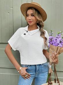 Chiquease Blusa sólida con cuello alto y botones elegante para mujer - Blanco - Ver 4