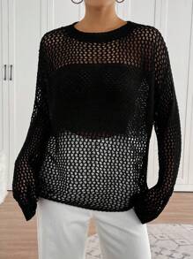 Chiquease Retro Elegant Round Neck Hollow-Out Sheer Design Loose Versatile Long Sleeve Knit Cardigan Sweater For Women Knit Pullover Fall Winter Sweater - Black - View 3