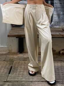 DAZY 2pcs Women Set - Solid Color Loose Wide Leg Pants & Skirt - Beige - View 6