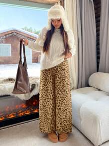 SHEIN EZwear 大码女式灯芯绒豹纹休闲阔腿裤 - 卡其色 - 查看 3