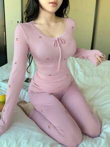 DAZY Cherry Print Lace Trim Fitted Pajama Set - Pink - View 1