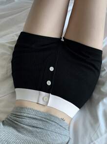 DAZY 拼色纽扣装饰修身短款睡裤 - 黑色 - 查看 1