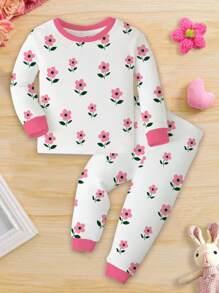 SHEIN Young Girl Cozy Floral Print Pink Tight Fit Soft & Comfortable Long Sleeve Top And Pants Homewear Outfit, Suitable For Autumn/Winter - Multicolor - View 2