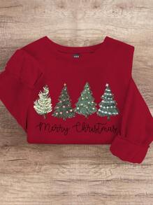 INAWLY Sudadera holgada de cuello redondo informal con decoración de árbol de Navidad con arcoíris y texto impreso, adecuada para primavera y otoño para ropa de Año Nuevo, tops de manga larga - Rojo - Ver 5
