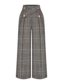 Celure Plus Size Women Elegant Commuting Wide Leg Pants, Thick Checked Tweed
