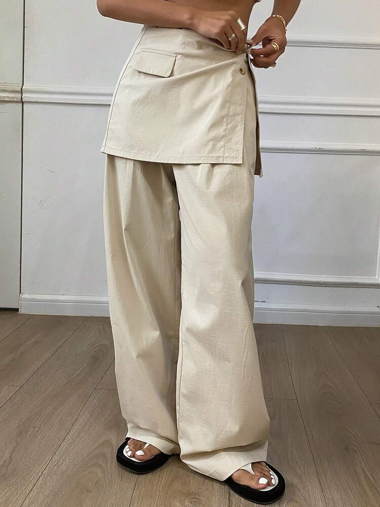 2pcs Women Set - Solid Color Loose Wide Leg Pants & Skirt