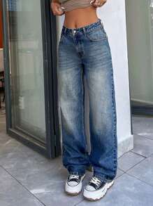 EURMUSE 100% Baumwolle einfarbige hohe Taille Vintage Waschung Gerade Jeans - Mittele Waschung - Übersicht 10
