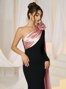 SHEIN Belle Women's Knit Black Contrast Stereo Floral Mermaid Hem Evening Party Dress, Wedding Guest Dress, Prom Dress - Pink - View 3