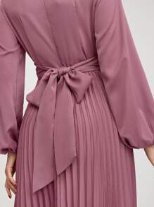 Modelyn 女士优雅纯色灯笼袖系腰褶边朴素长袖连衣裙，春夏长款晚礼服 - 粉色 - 查看 4