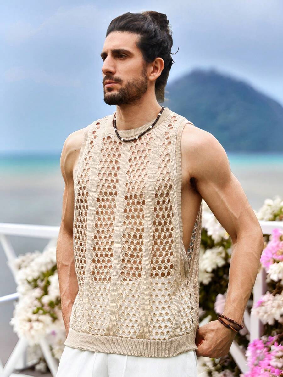 Manfinity Fever City Men's Vacation Casual Solid Color Sleeveless Hollow Out Knit Top - Apricot - View 1