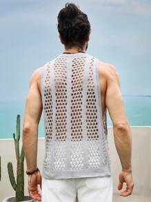 Manfinity Fever City Men's Solid Color Sleeveless Hollow-Out Knit Top, Casual Resort Wear - Light Grey - View 2