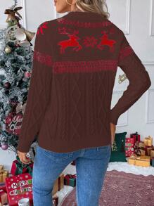 Chiquease European & American Style Christmas Vibe 3D Twist Rope Cable Knit Reindeer Pattern Colorblock Loose Pullover Sweater, Autumn/Winter Knit Pullover Fall Sweater - Multicolor - View 2