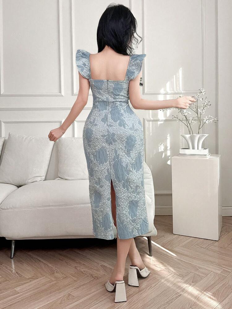 Textured Square Neck Cap Sleeve Women's Mid-Length Dress Prom Dress Sundress, Back To School Clothes Floral Dress