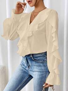 SHEIN Clasi Blusa elegante de mujer con cuello y puños volados de unicolor