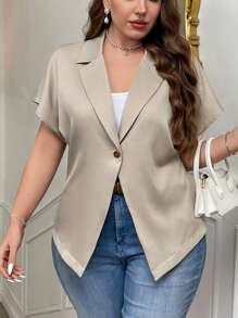 SHEIN Privé Plus Size Women Elegancka prosta jednokolorowa swobodna krótka rękaw dekolt w serek pojedynczy guzik w pasie ściągana talia khaki garniturowa kurtka, odpowiednia na wiosnę, lato i jesień