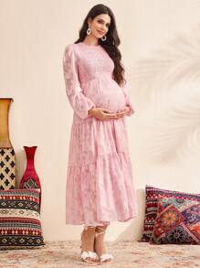SHEIN Puff Sleeve Jacquard Waist Maternity Dress, Pink - Pink - View 3
