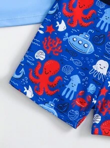 SHEIN Young Boy Ocean Creature Printed Long Sleeve Swim Trunks - Blue - View 3