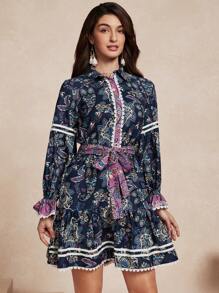 Almamuse Vestido ajustado de manga larga con estampado floral y volantes en el dobladillo para mujer - Azul - Ver 4