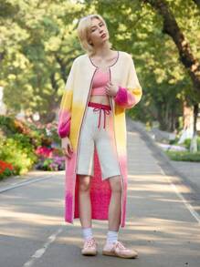 Skyraze Cute Ombre Knit Long Cardigan For Women, Autumn/Winter Gradient Pattern - Pink - View 6