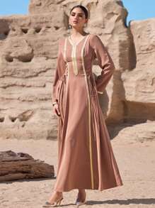 Al Najma 女士简约休闲阿拉伯风格连衣裙，适合日常穿着 - 棕色 - 查看 7