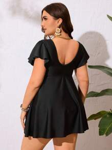 SHEIN Swim Curve Vestido de traje de baño de unicolor de talla grande con volantes y abertura delantera para el verano