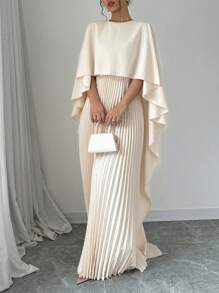 Selianne Women Elegant Solid Color Minimalist Casual Poncho Sleeve Dress Maxi Women Outfit - Apricot - View 4